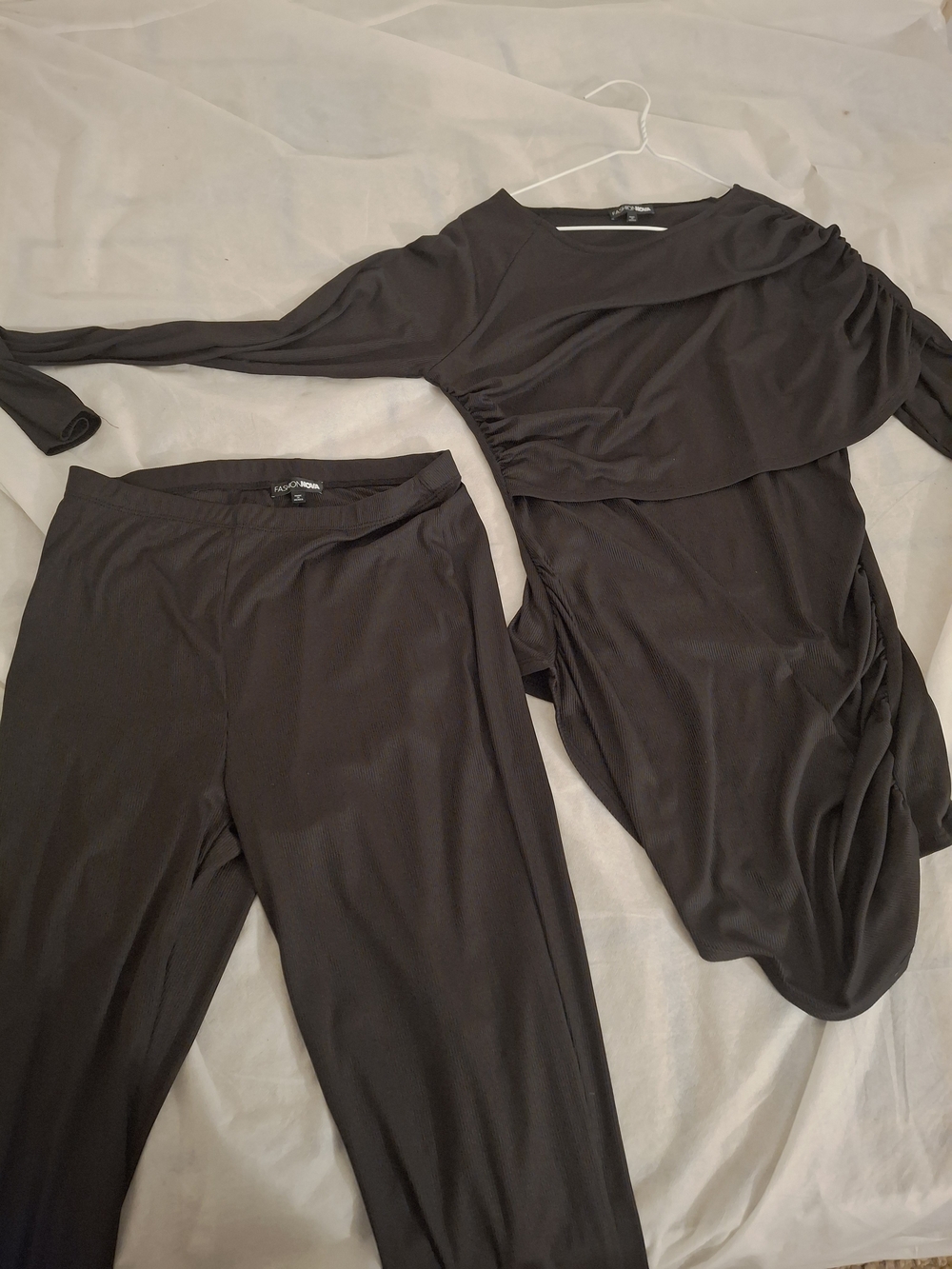 Black Draped Asymmetric Top and Stretch Pants Set